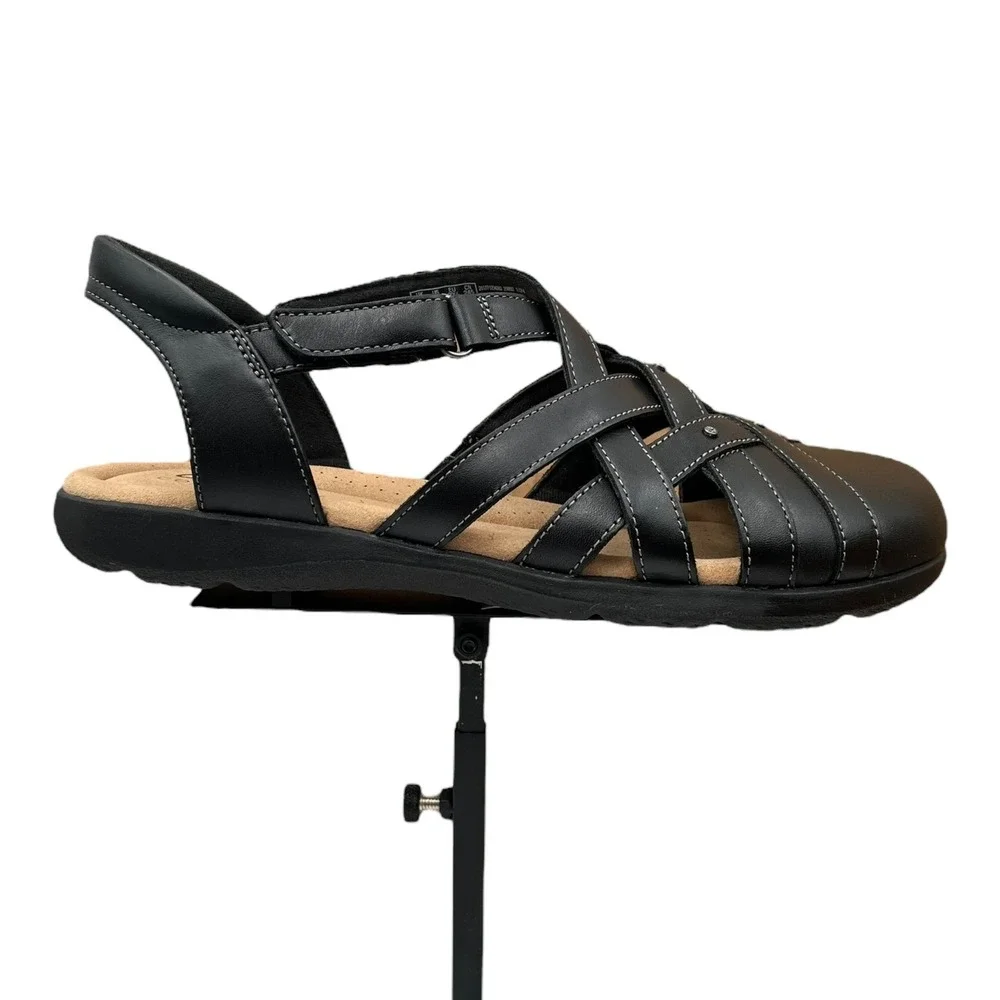 Clarks Elizabelle Sea Womens Leather Fisherman Sandals Size 8.5 Black Adjustable